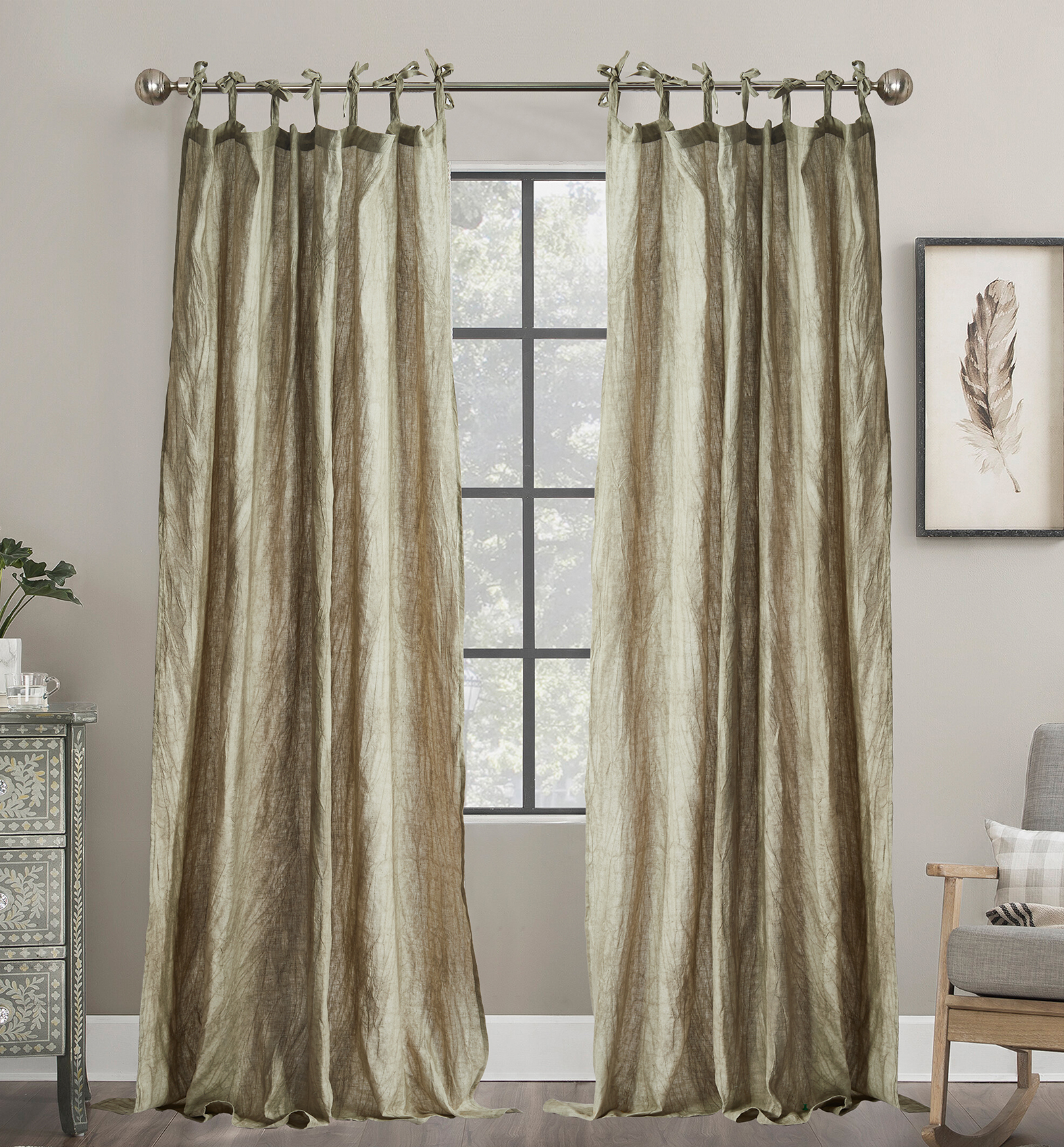 Linen Curtains Tie Up Shade for Living Room Window Decorative Curtains with Ties