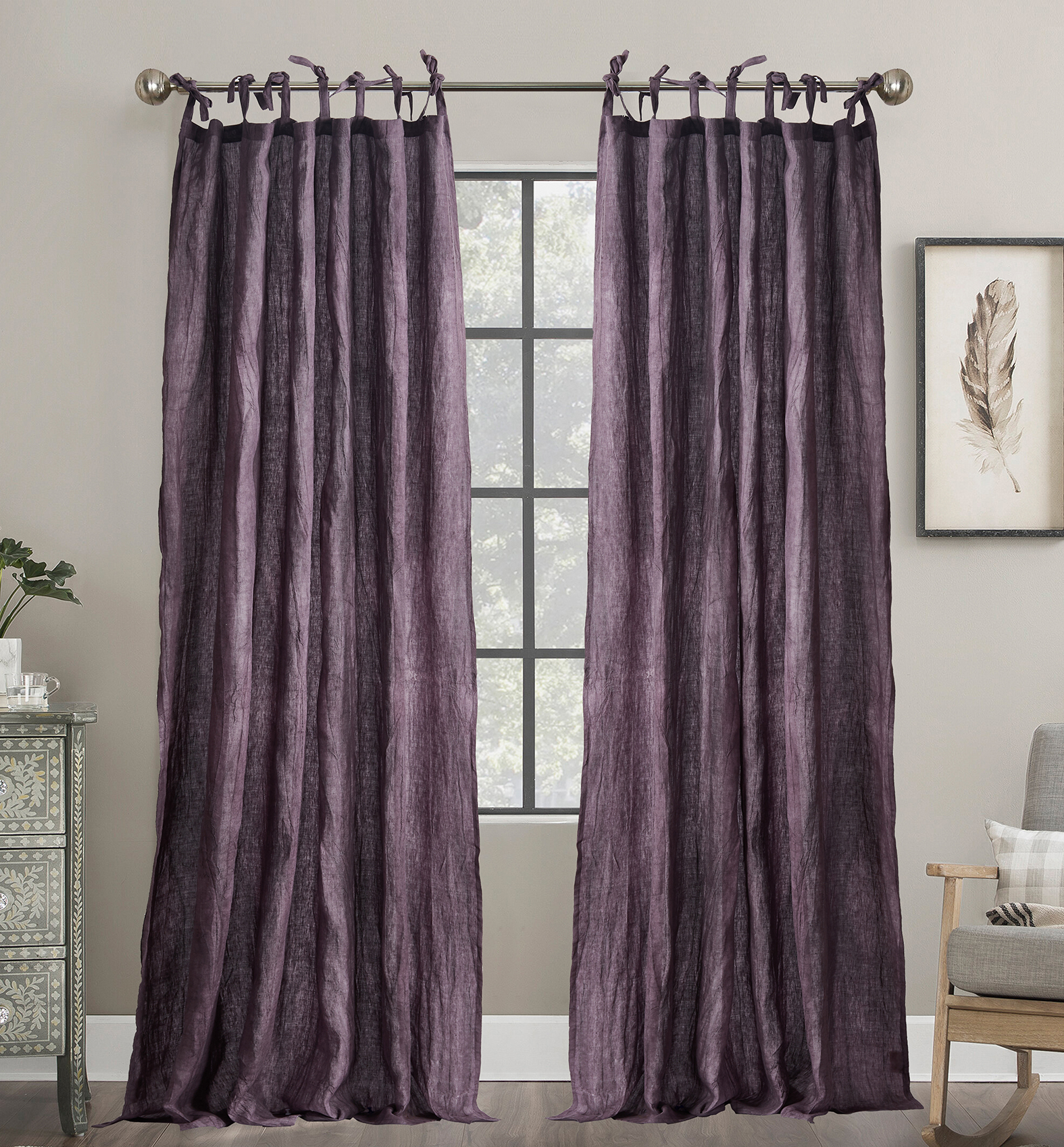 Linen Curtains Tie Up Shade for Living Room Window Decorative Curtains with Ties