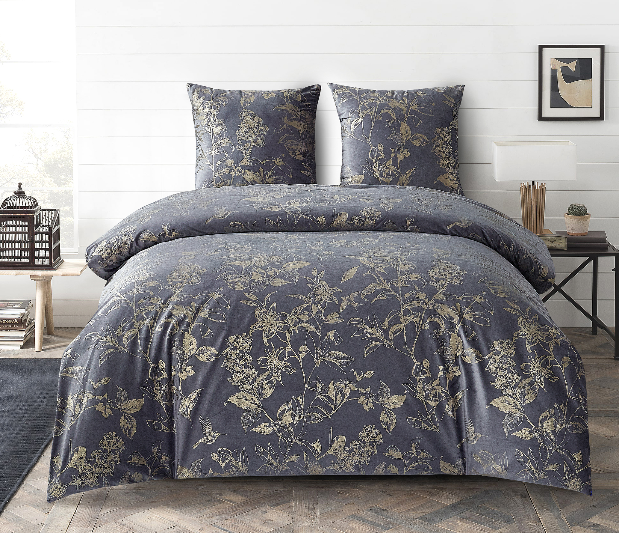 High Quality Luxury Foil Printed Velvet Bedding Set Super King Size Bed Linen Duvet Cover Set