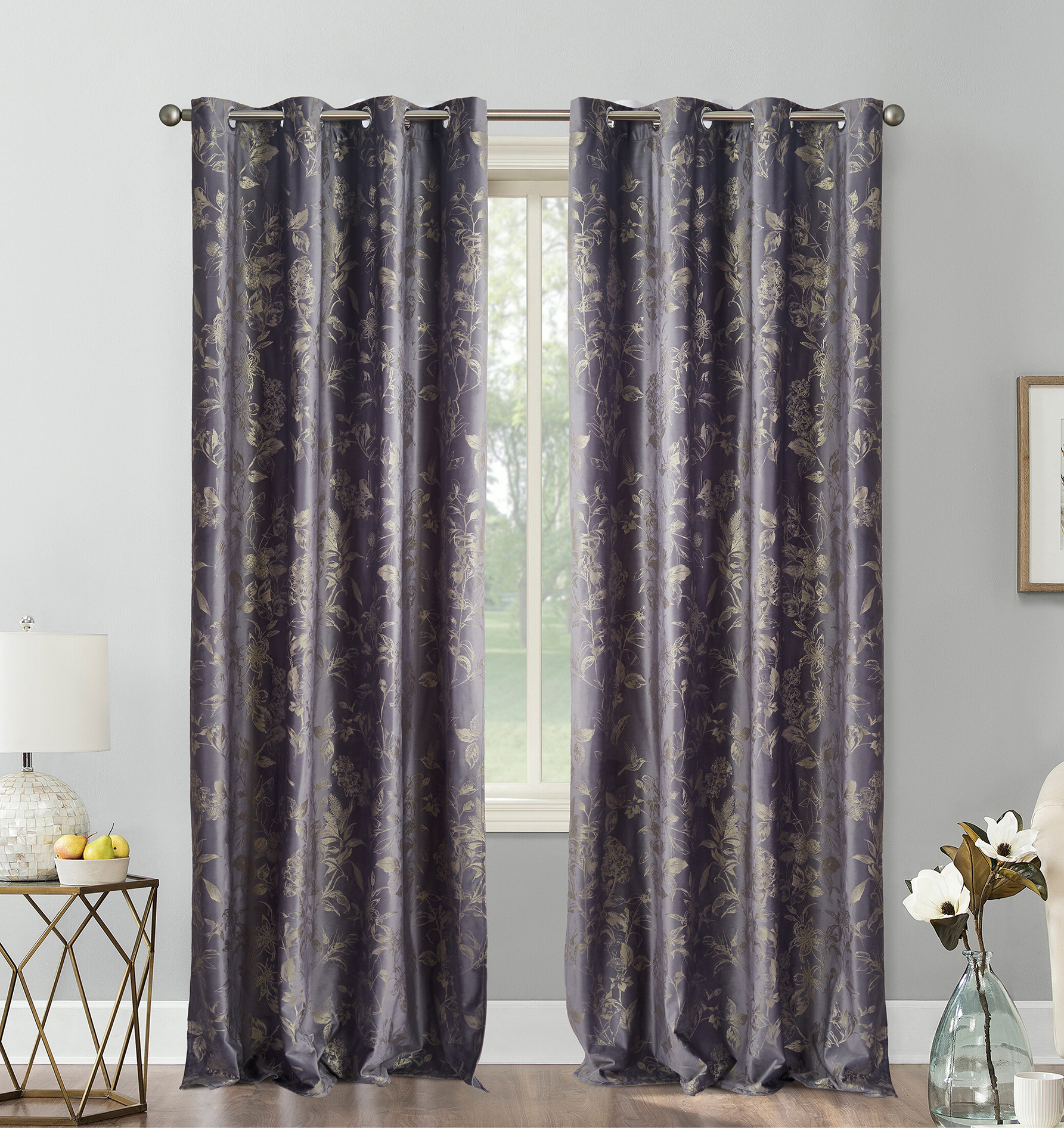 Elegant Foil Print Blackout Curtains Velvet Living Room Curtain